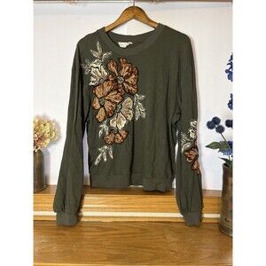 Anthropologie Women’s Green Floral Embroidered Appliqué Sweatshirt Size L